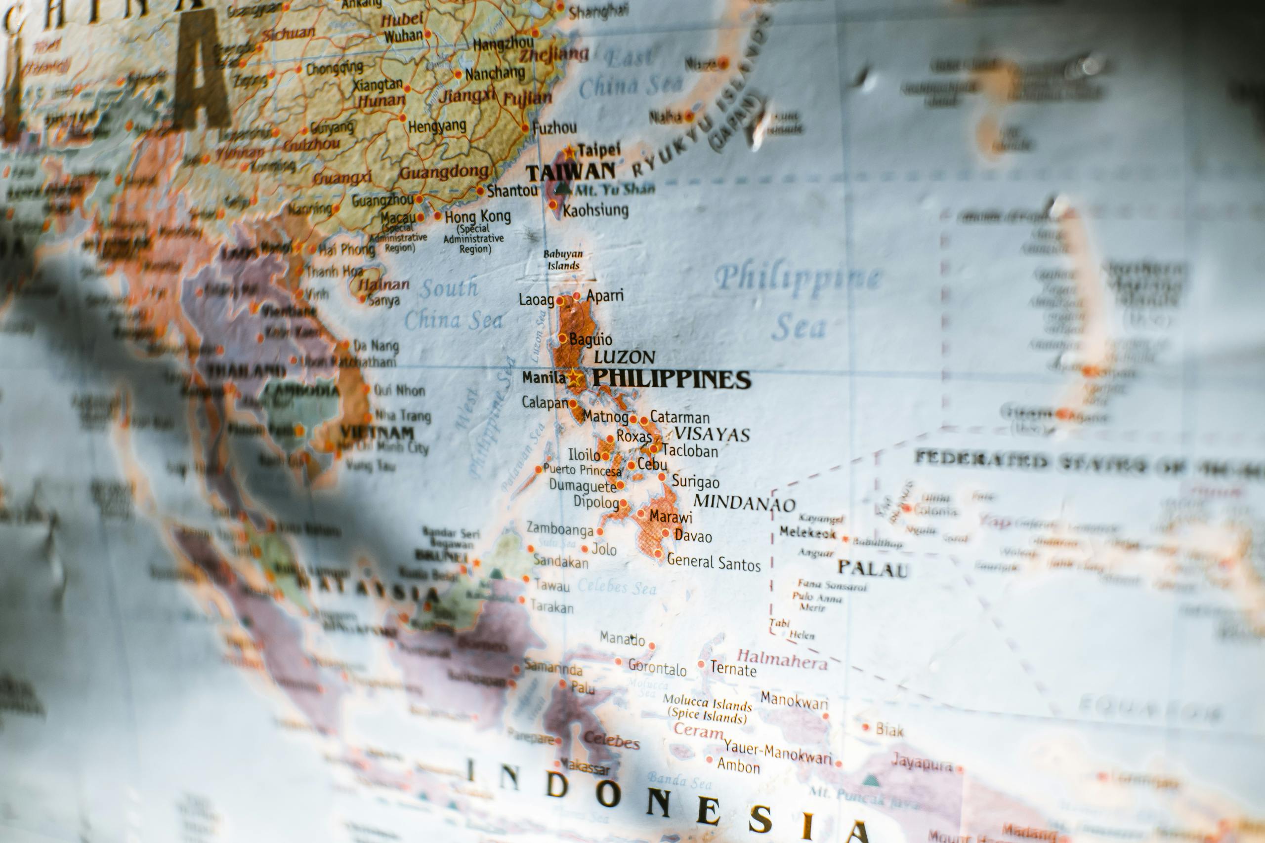Detailed close-up map showing Southeast Asia including the Philippines and nearby regions.
